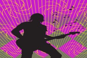 Band Person Silhouette Guitar Background Purples And Yellows With Swirls And Music Notes