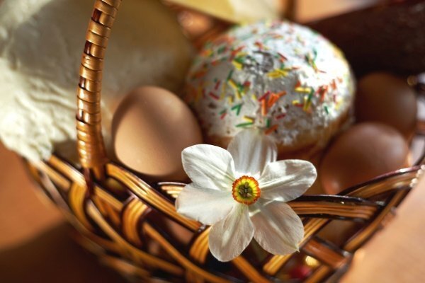 Easter Basket With Donut Eggs And Flower